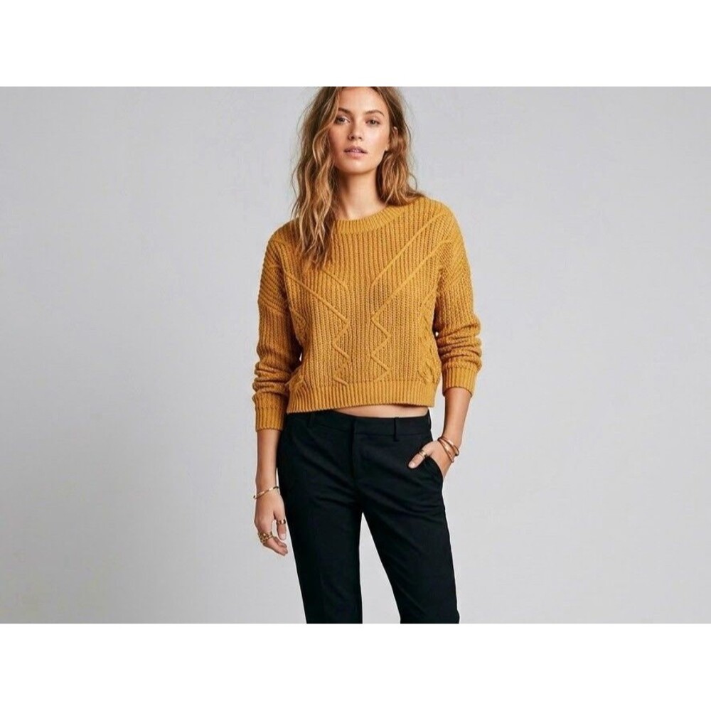Ambiance Apparel Mustard Yellow Knit Sweater Large Chevron Cropped Chunky Top
